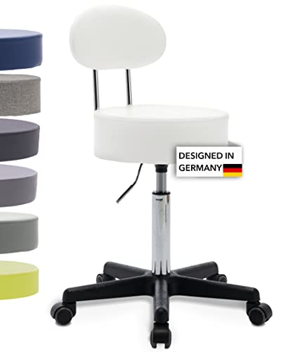 1stuff Rollhocker Squash 35 BACKLIKE mit Rücken-Lehne - ca. 51-71 cm Sitzhöhe - kompakter Bürohocker - Praxis-Hocker - bodenschonende PU-Rollen - Drehhocker - Therapiehocker Weiß von 1stuff
