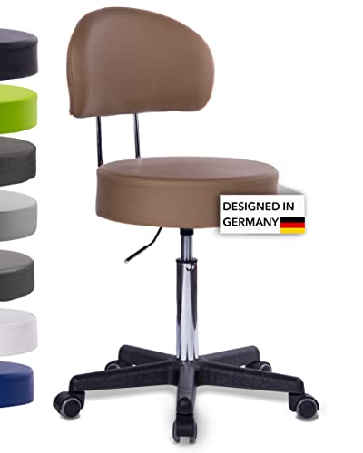 1stuff Rollhocker Squash 40 mit Rückenlehne BIGBACK - ca. 51-71 cm Sitzhöhe - Drehhocker - Praxis-Hocker mit 40 cm breitem Sitz - Küchen-Hocker mit Rollen - Bürohocker Braun von 1stuff