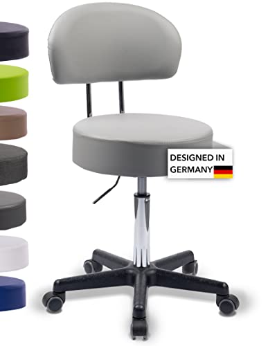 1stuff Rollhocker Squash 40 mit Rückenlehne BIGBACK - ca. 51-71 cm Sitzhöhe - Drehhocker - Praxis-Hocker mit 40 cm breitem Sitz - Küchen-Hocker mit Rollen - Bürohocker Grau von 1stuff