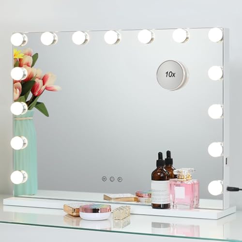 2-FNS Hollywood Schminkspiegel mit 15 LED Licht, Beleuchtet Touchscreen Kosmetikspiegel with Beleuchtung, 3 Color modifications, Einstellbare Helligkeit, mit USB, Tischplatte oder Wandhalterung von 2-FNS