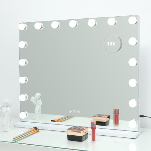 2-FNS Hollywood Schminktischspiegel, Hollywood Spiegel mit Beleuchtung, Schminkspiegel mit 17 Lichtern und 3 Farbtemperaturen, Kosmetikspiegel mit Touch Control und USB Ausgang, 60 x 52 cm, Weiß von 2-FNS