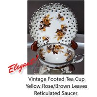 Vintage Dreifuß-Tasse Mit Untertassen-Set - Gelb & Braun Floral Retikulierte Untertasse Platin-Akzent Ausgezeichnet von 200WashingtonStreet