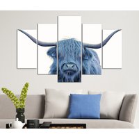 Rinder Wandbild, Blaue Kuh Druck, Tier Wanddekor, Moderner Haarige Scottish Highlanders Leinwanddruck, Wohnzimmerdekoration von 2021ArtDesign