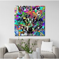 Schwarzer Wolf Zeichnung, Bunter Hintergrund , Leinwand Design, Abstrakt, Graffiti Muster, Lebendige Farben, Farbspritzer, Mächtiger Wolf, Wandkunst von 2021ArtDesign