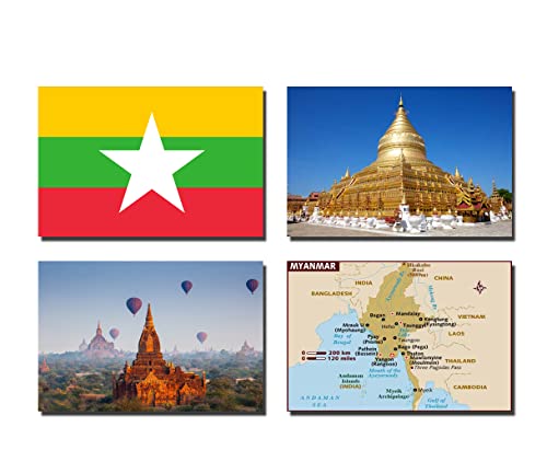 Kühlschrankmagnete, Myanmar-Flagge (ehemals Burma), Myanmar-Flagge (ehemals Burma), 4 Stück von 2022