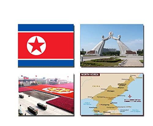 Kühlschrankmagnete, Nordkorea-Flagge, Nordkorea-Flagge, Nordkorea-Karte, Nordkorea-Attraktionen, 4 Stück von 2022