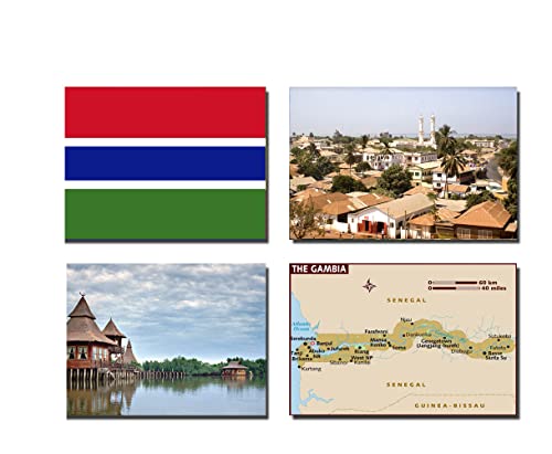 Set mit 4 Gambia-Kühlschrankmagneten, Gambia-Flagge, Gambia-Karte, Gambia-Attraktionen von 2022