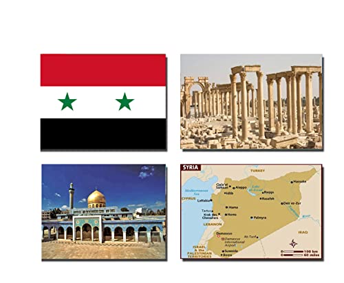 Set mit 4 Stück Syrien Kühlschrankmagneten – Syrien-Flagge, Syrien-Karte, Syrien-Attraktionen von 2022