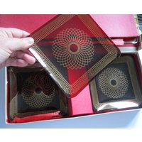 Retro Chic Rubinrot Glas Servierplatten Set Chance Brothers Goldmuster von 20thCenturyStuff