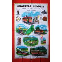 Vintage Retro Baumwolle Geschirrtuch 70Er Jahre - Souvenir Isle Of Man Snaefell Gipfel Eisenbahn Transport Interesse von 20thCenturyStuff