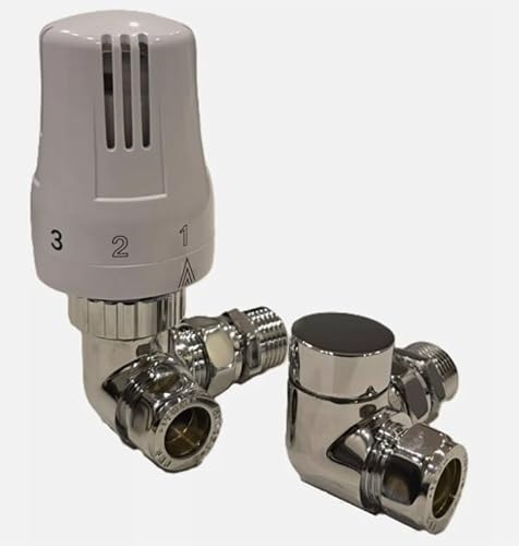 Eck-Thermostat-Heizkörperventil mit Rückstellventil, TRV, Chrom, Weiß, 15 mm, Set von 22.5 Team Controls