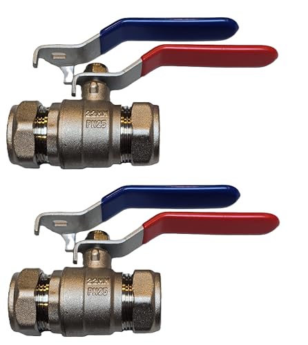 TC 2 x 22 mm Hebel-Kugelhahn, volle Bohrung, Kompressions-Isolationsventil, Rot/Blau, Doppelgriff, Absperrventil, voller Durchfluss, WRAS-geprüft von 22.5 Team Controls