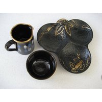 3 Stk Groß Vintage Keramik Combo Schwarz Samt Wade Geteilt Schüssel England Handbemalt Creme Zucker Set Tiefste Braun Rockabilly Küche Geschenk von 222nest
