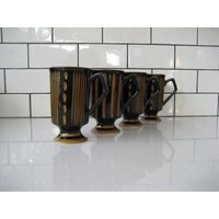 4Er Set Vintage Footed Tee Heißer Kakao Kaffeetassen Eingeschnittene Breite Schmale Streifen Ovale Schokoladenbrauner Kürbis Gelb Made in Japan von 222nest