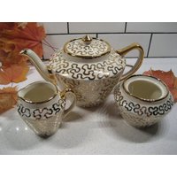 4Er Set Vintage Sadler Teekanne Zuckerdose Milchkännchen Made in England Echt Gold Kringel Garten Teeparty Retro Dusche Geschenk Neugierig Traum Tee von 222nest