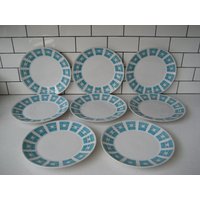 8Er Set Vintage Aqua Speiseteller Donau Muster Atomic Era Space Age Retro Mod Sehr Schwerer Primastone Keramik Hergestellt in Japan Teal Kariert von 222nest
