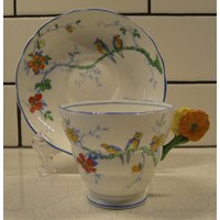 Antikes Fenton Teetasse-Untertassen-Set Macaw Radfords Zweifarbiger 3D-Blumengriff Muster 5668 Made in England Uncommon Rare Vogelliebhaber Geschenk von 222nest