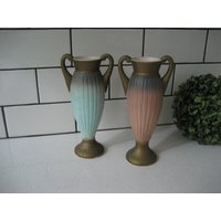 "Paar 7, 25 "Vintage Esd Japan Doppelgriff Kleine Urne Vase Ombre Lachs Pfirsich Seladon Teal Matte Bronze Linke Huckepack Design 22888 Mantel von 222nest