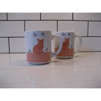 Paar Vintage Katze Becher Retro Calico Blumenmuster Schmetterlinge Doppelseitiges Design Sunnycraft Steingut Pfirsich Blau Entzückende Kitty von 222nest