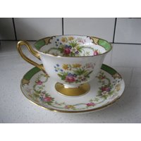 Schöne Vintage Shelley Green Dubarry Teetasse Untertasse Set Retro Blumen Vollgold Sockel Fuß Goldgriff Vergoldung England C1945-66 Gelegentlich von 222nest