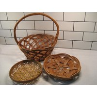 Trio Vintage Boho Chic Körbe Gewebter Zweig Gitter Zwei Ton Gewebter Raffia Hoop Griff Blumenmädchen Handmade Große Qualität Naturforscher L M S von 222nest