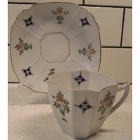 Vintage Achteck Teetasse Untertasse Set Trico Nagoya Japan Handbemalt Orange Blau Midcentury Garten Teeparty Geometrisch Shelley Style von 222nest
