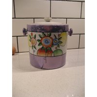 Vintage Keksglas Irisierende Mauve Bands Handbemalte Stilisierte Blumen Goldener Deckelknopf Eiskübel Made in Japan Boho Chic Cottage Küche von 222nest