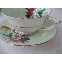 Vintage Paragon Weithals-Teetasse Untertasse Set Blasse Pistazie Grün Pink Rose Rot Gelb Papagei Tulpe Goldvergoldung Garten Teeparty Retro Geschenk von 222nest