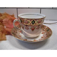 Vintage Rosina Teetasse Duo Handbemalt Gold Interessante Form Lime Grün Diamanten Erbstück Art-Deco-Design England Garten Tee-Party Tee-Liebhaber von 222nest
