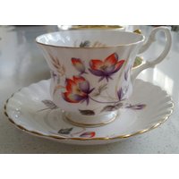 Vintage Royal Albert Teetassen-Untertassen-Set England Midcentury Atomic Acid Ära Orange Brillantes Lila Gold Gartentee-Party-Duschegeschenk von 222nest