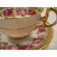 Vintage Royal Stafford Roses Weithals-Teetasse-Untertassenset Flamingo-Rosa-Rosenholz-Lila Schweres Gold England Retro-Duschegarten-Teeparty von 222nest