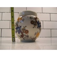 Vintage Sadler Ingwerdose Mit Deckel Art Deco England Elegante Blaue Vögel Orange Blumen C.1937-47 Chinoiserie Geschenk Retro Eitelkeit Lagerung von 222nest