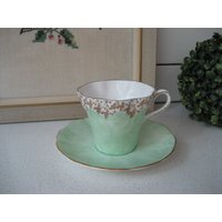 Vintage Sandringham Seil Griff Teetasse Passende Untertasse Seafoam Mint Grün Gossamer Design Gold Vergoldung England Retro Geschenk Teeparty von 222nest
