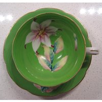 Vintage Trimont Teetasse Untertassen-Set Handbemalt Sterngucker Lilie Rockabilly 1940Er Jahre Besetzt Japan Electric Lime Gold Gilding Garden Tea von 222nest