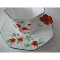 Wahl Seltene Vintage Melba Teetasse Set 3D Blumengriff Große Demitasse Achteckform Handbemalt Reg 778351 England Lebendige Orange Teeparty von 222nest