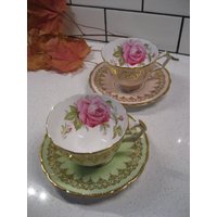 Wahl Vintage Aynsley Teetasse Set Muster 765788 Schwere Echt Gold Cabbage Roses Squared Griff Made in England Garten Teeparty Dusche Geschenk von 222nest