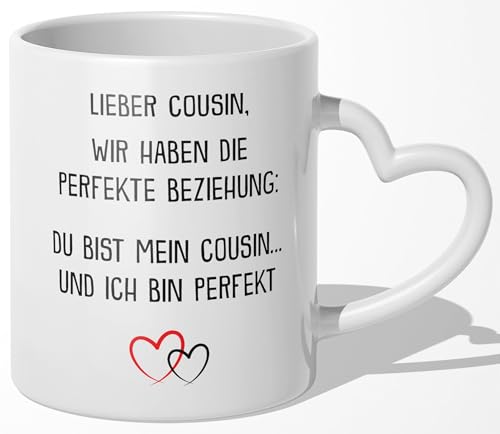 22Feels Bester Cousin Geschenk Tasse Geburtstag Weihnachten Mann Junge, Du Wirst, Bester, Ankündigung, Couseng (Herzhenkel Weiss) von 22Feels