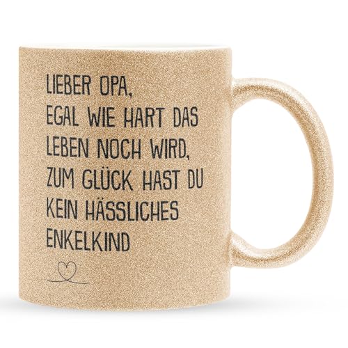 22Feels Glitzertasse Gold - Opa Geschenk Grossvater Geburtstag Vatertag Rentner Weihnachten von Enkelin Enkel, Idee für Männer, Opi Grosseltern Haferl Kaffeetasse von 22Feels