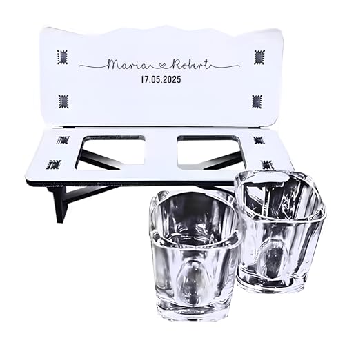 22Feels Schnapsbank mit 2 Gläsern Hochzeitsgeschenk Personalisiert Namen Datum Brautpaar Hochzeitstag Paar Geschenk Valentinstag Jahrestag (Weiss) von 22Feels