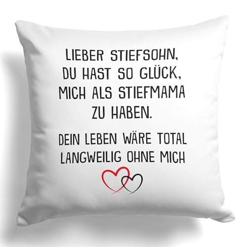 22Feels Stiefsohn Geschenk von Stiefmama, Bonus Sohn Kissen Jungs Herren Männer, Deko Geburtstag Weihnachten Abitur Hochschulabschluss (Weiss, Quadratisch, 40x40cm) von 22Feels