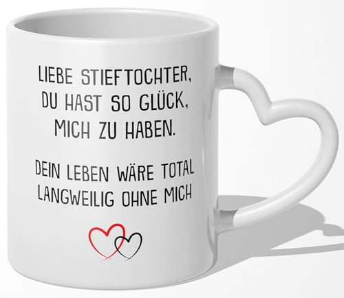 22Feels Stieftochter Geschenk Bonus Tochter Tasse Geburtstag von Stiefmama oder Stiefpapa, Abitur Abschluss, Weihnachten Idee Mädchen Haferl, Kaffeetasse Frauen (Herzhenkel Weiss) von 22Feels