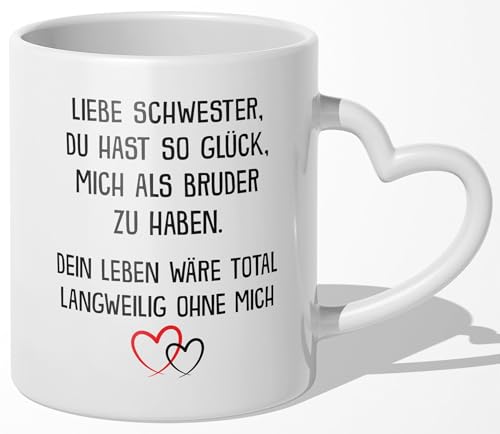 22Feels Tasse, Schwester Geschenk von Bruder zum Geburtstag Weihnachten, Frauen Mädchen Idee, Kaffeetasse mit Spruch, Schwesterherz (Herzhenkel Weiss) von 22Feels