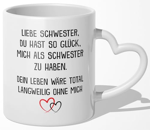 22Feels Tasse, Schwester Geschenk von Schwester zum Geburtstag Weihnachten, Frauen Mädchen Idee, Kaffeetasse mit Spruch, Schwesterherz (Herzhenkel Weiss) von 22Feels