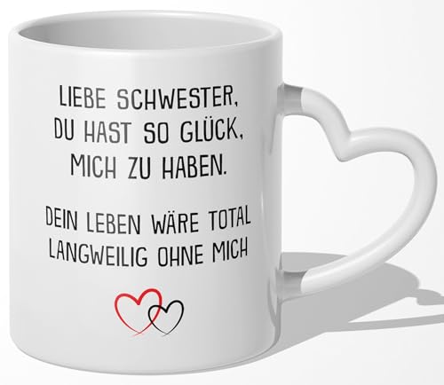 22Feels Tasse, Schwester Geschenk zum Geburtstag Geschwister Weihnachten, Frauen Mädchen Idee, Kaffeetasse mit Spruch, Schwesterherz (Herzhenkel Weiss) von 22Feels