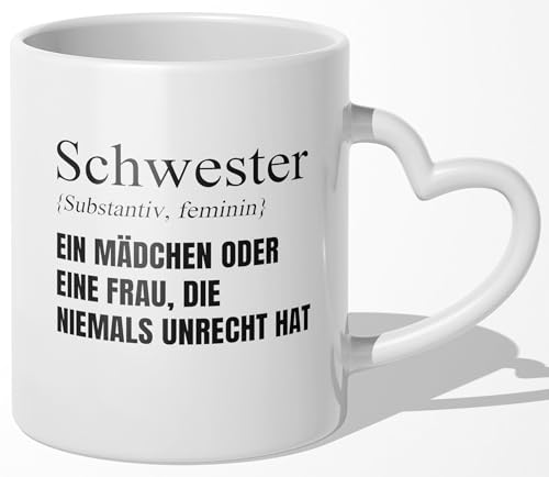 22Feels Tasse, Schwester Geschenk zum Geburtstag Geschwister Weihnachten, Frauen Mädchen Idee, Kaffeetasse mit Spruch Definition, Schwesterherz (Herzhenkel Weiss) von 22Feels