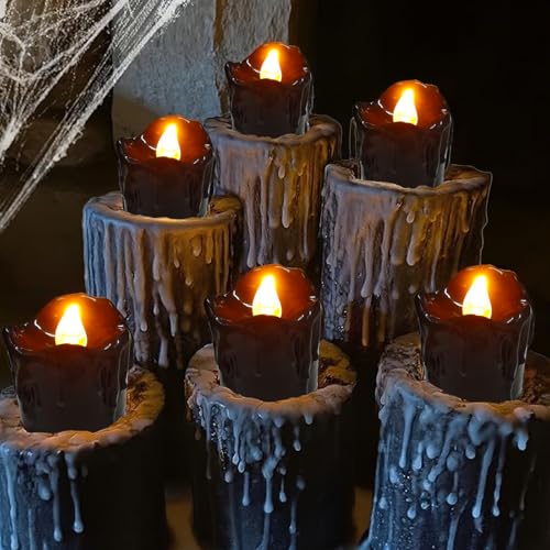 12 Stück Schwarz LED Teelichter Halloween Deko, Flackernde Beleuchtung Schwarze Kerzen Batteriebetrieben Realistisch Flammenlose Elektrische Teelichter für Tisch Zuhause Innen Party Halloween-Deko von 23GUANYI