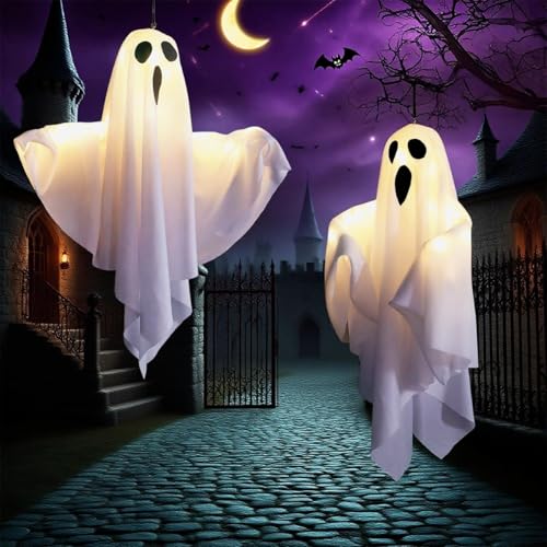 2 Stück Geister Deko Halloween Outdoor, Gespenster Deko mit LED Lichtern Niedliche Fliegende Geister Outdoor Leuchtende Halloween Dekoration für Garten Veranda Baum Garten Draußen Party 2 Stück Geister Deko Halloween Outdoor, Gespenster Deko mit LED Lichtern Niedliche Fliegende Geister Outdoor Leuchtende Halloween Dekoration für Garten Veranda Baum Garten Draußen Party von 23GUANYI