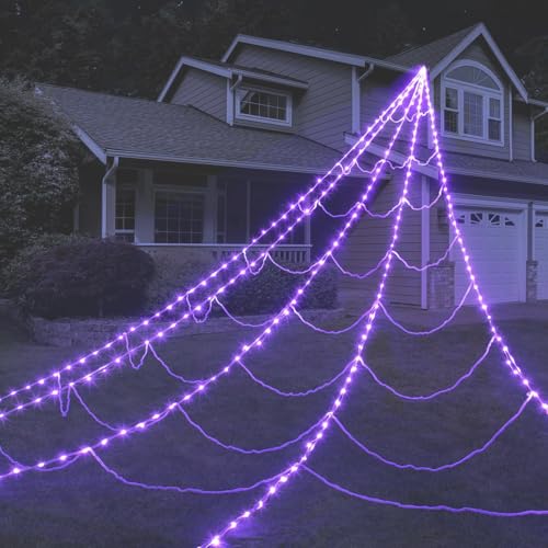 Halloween Spinnennetz Lichter 6 x 5 m, 100 LEDs Lampenperlen Dreiecke Spinnweben Deko mit 8 Lichtmodi für Halloween Deko Outdoor Garten Party von 23GUANYI