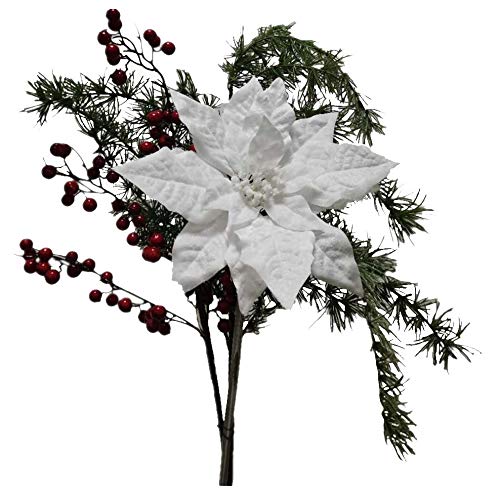 Blumen Bouquet WHITE CHRISTMAS naturgetreue Blüten Strauß 65cm Künstliche Blumen Seidenblumen Trockenblumen naturgetreuer Zweig Weihnachtsstern weiß Weihnachtsdeko, Grabdekoration Grabstrauß ohne Vase von 2474U