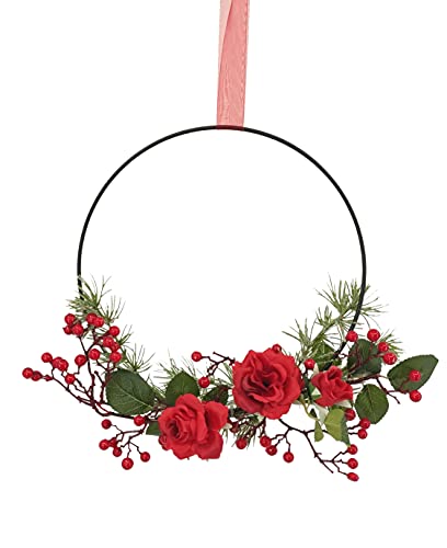 Dekoring ROTE Rose Naturgetreue Blüten Kunstblume im Metallring ca. 33cm Ø Mit Organzaband zum Aufhängen - Gesteck Rosen Rot Beeren Zeder Tanne von 2474U